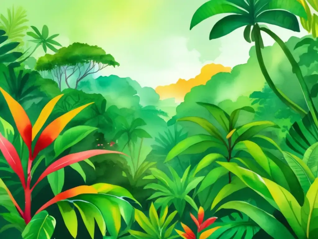 Pintura vibrante de selva tropical con plantas psicoactivas: enfoque espiritual