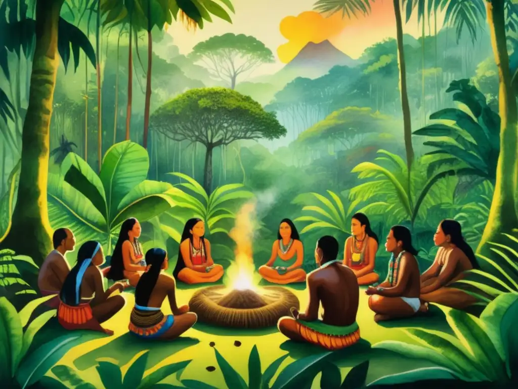 Pintura acuarela detallada de ritual amerindio con tabaco en la selva amazónica