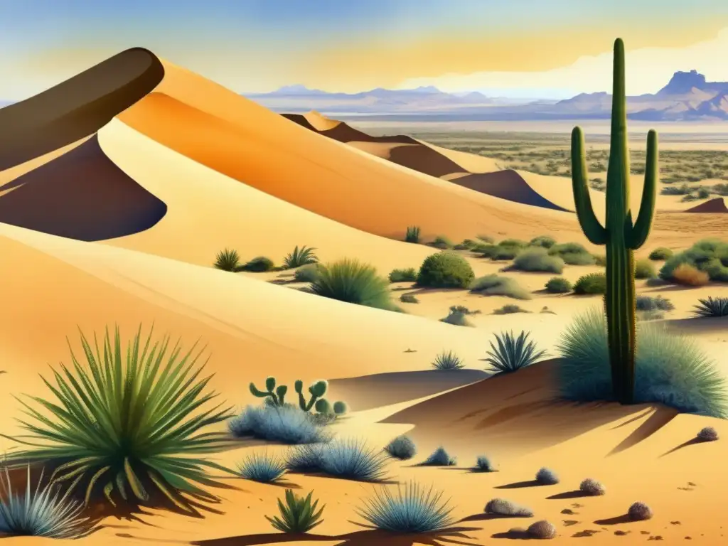 Flora del Sahara: Plantas adaptadas al desierto - Ilustración acuarela ultradetallada muestra diversidad de plantas en el Sahara