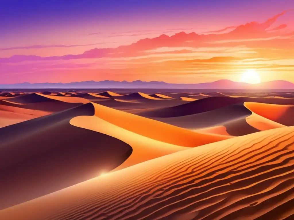 Paisaje Sahara al atardecer con plantas resistentes (110 caracteres)