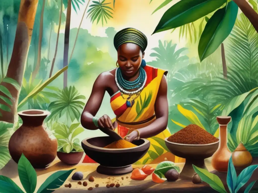 Mujer africana muele Yohimbe, exuberante jungla, tradiciones culinarias y propiedades del Yohimbe