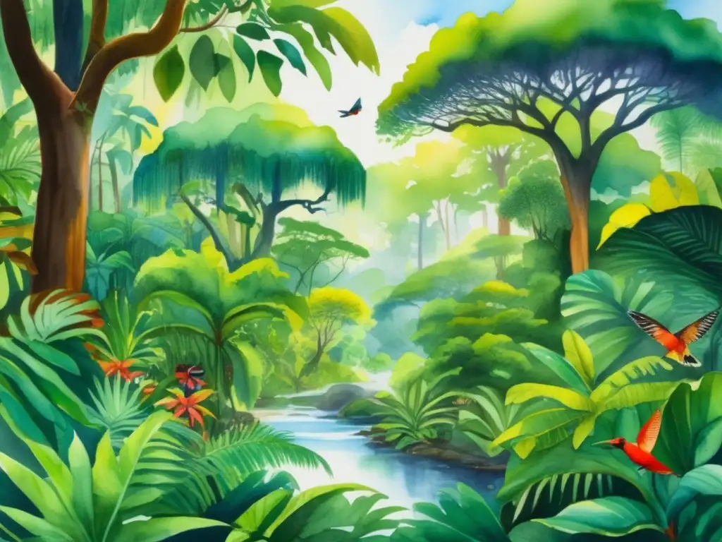 Pintura acuarela de una exuberante selva africana con plantas endémicas en peligro de extinción