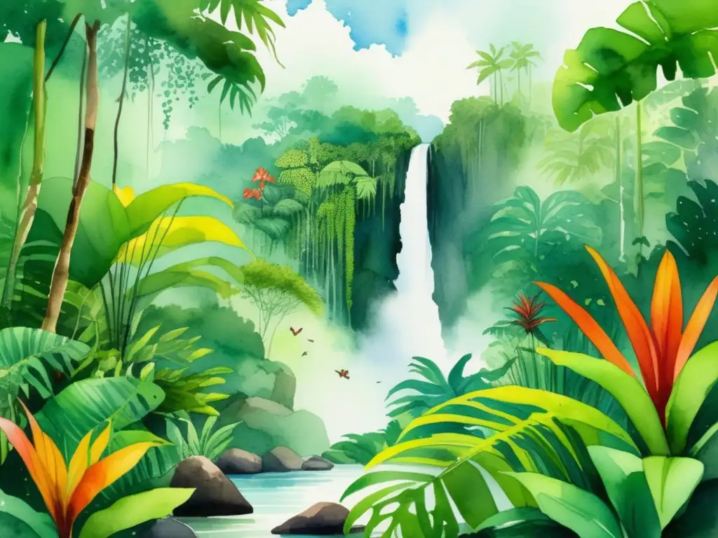 Ilustración acuarela de una exuberante escena de selva amazónica con árboles altos, cascada, plantas nativas y fauna diversa