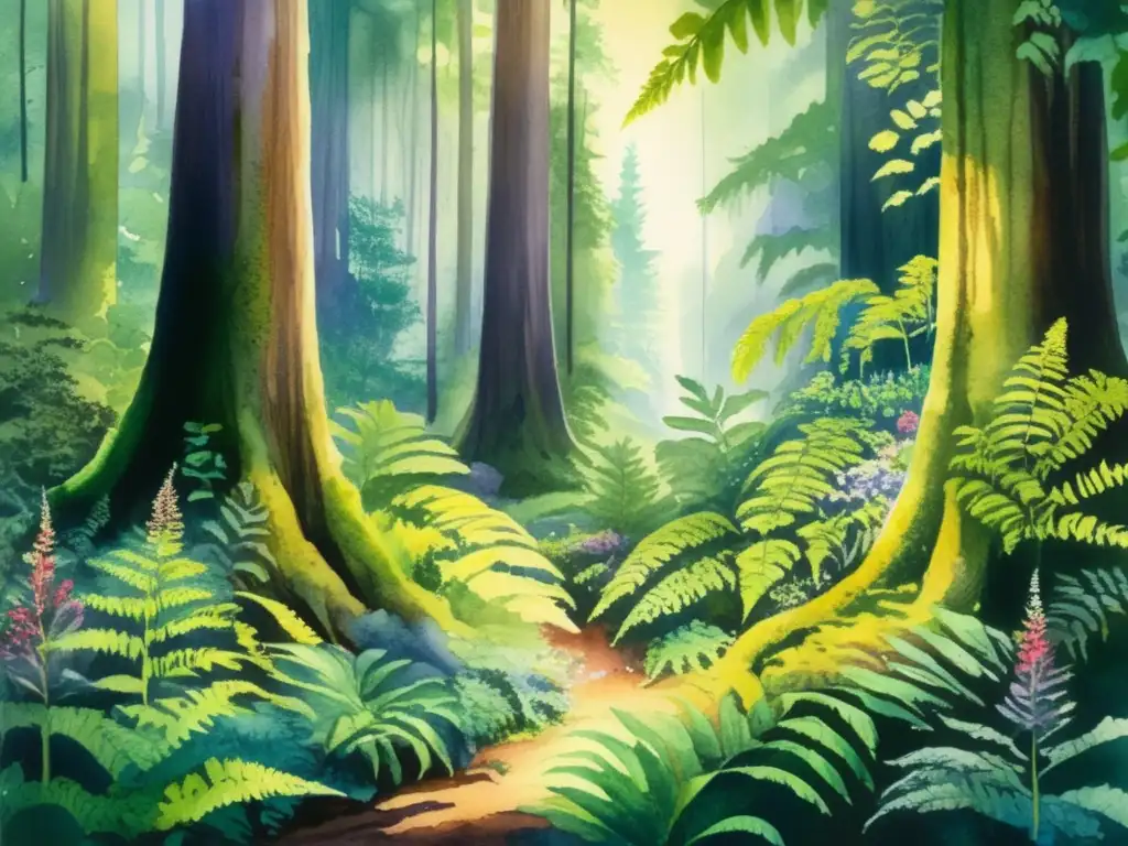 Pintura acuarela: Bosque antiguo con plantas diversas