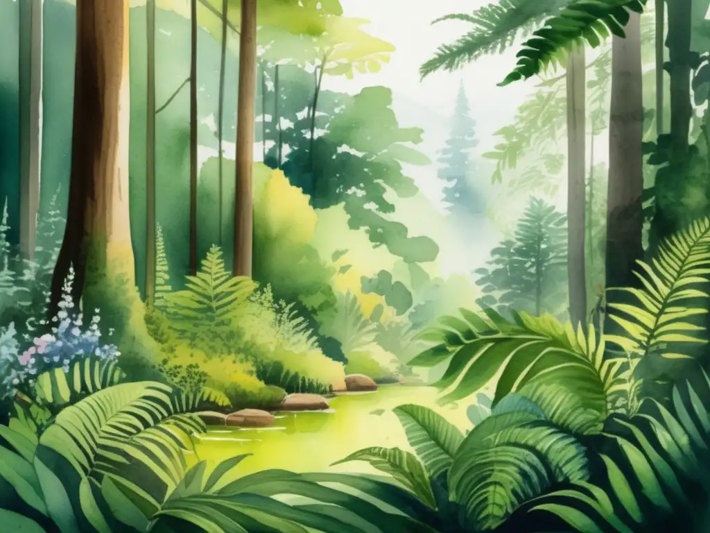 Bosque vibrante y ceremonial indígena Bosque exuberante con plantas vibrantes y figuras indígenas en ceremonia - Importancia cultural plantas leyendas mitos