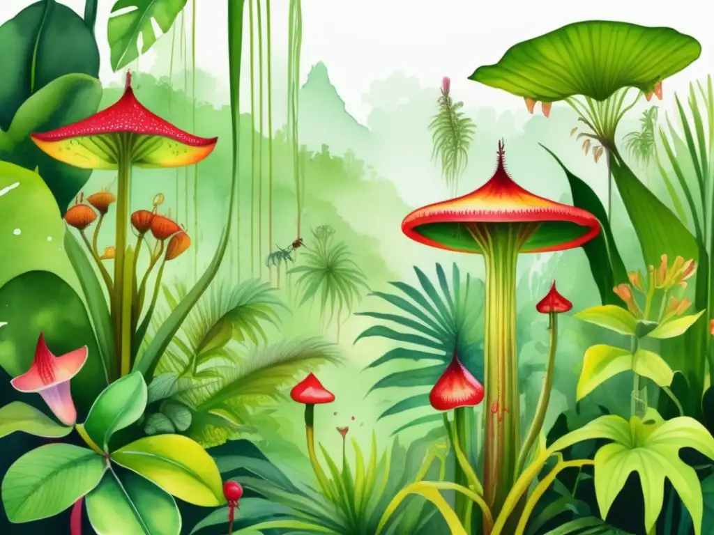 The image showcases a lush rainforest with carnivorous plants and trapped insects