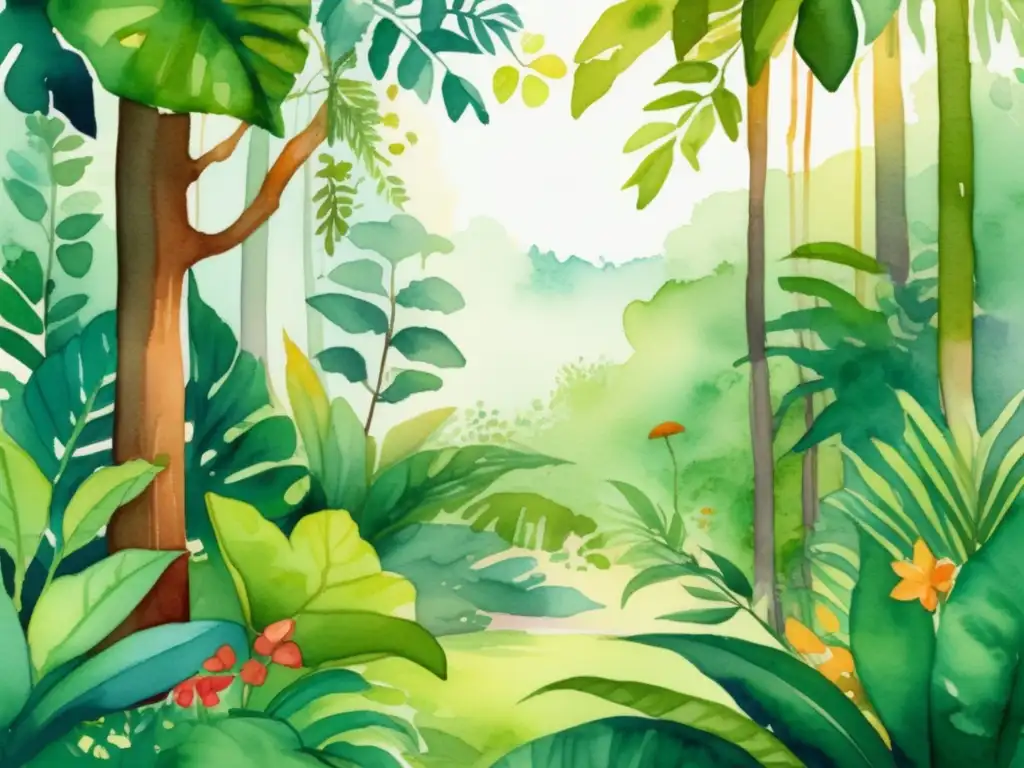 Ilustración acuarela de una exuberante escena de selva tropical