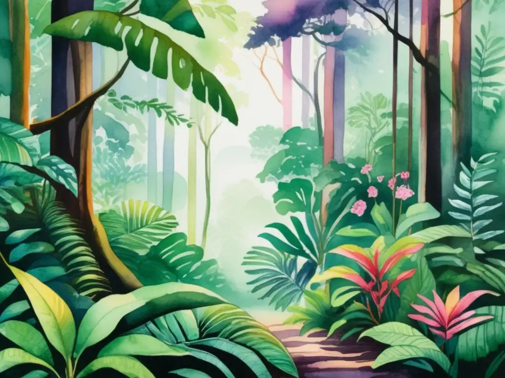 Ilustración acuarela de una exuberante y vibrante selva tropical, mostrando la importancia de la simbiosis entre plantas y animales