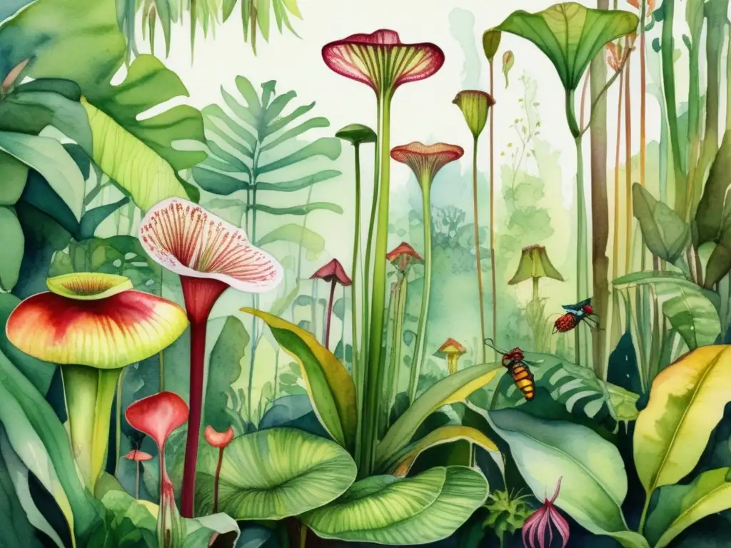 Ilustración vívida de selva lluviosa con plantas carnívoras en proceso de digestión