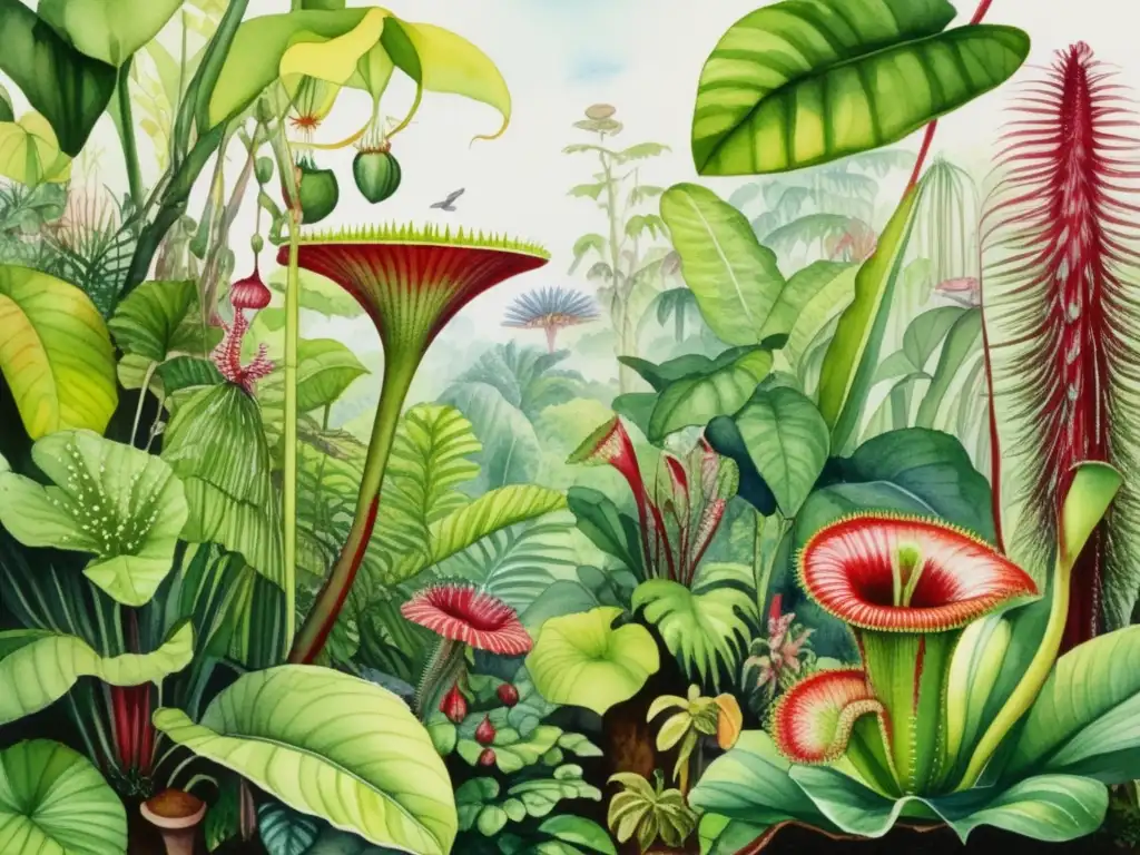 Plantas carnívoras: escena vibrante de la selva lluviosa con diversas especies y sus características adaptaciones