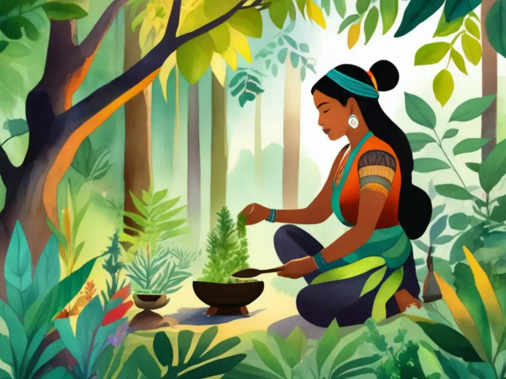 Ilustración acuarela de un exuberante bosque con plantas medicinales indígenas y tradiciones