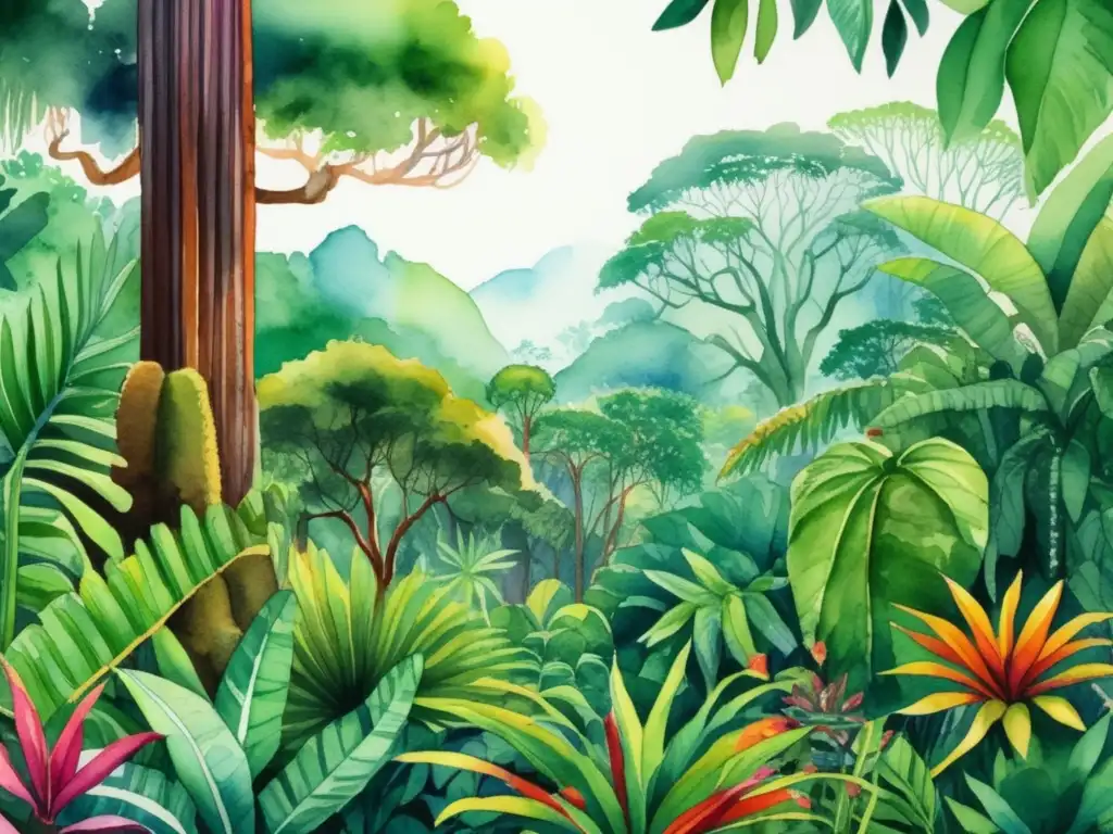 Ilustración acuarela vibrante de un exuberante escenario de selva tropical, repleto de una variedad de especies vegetales poderosas