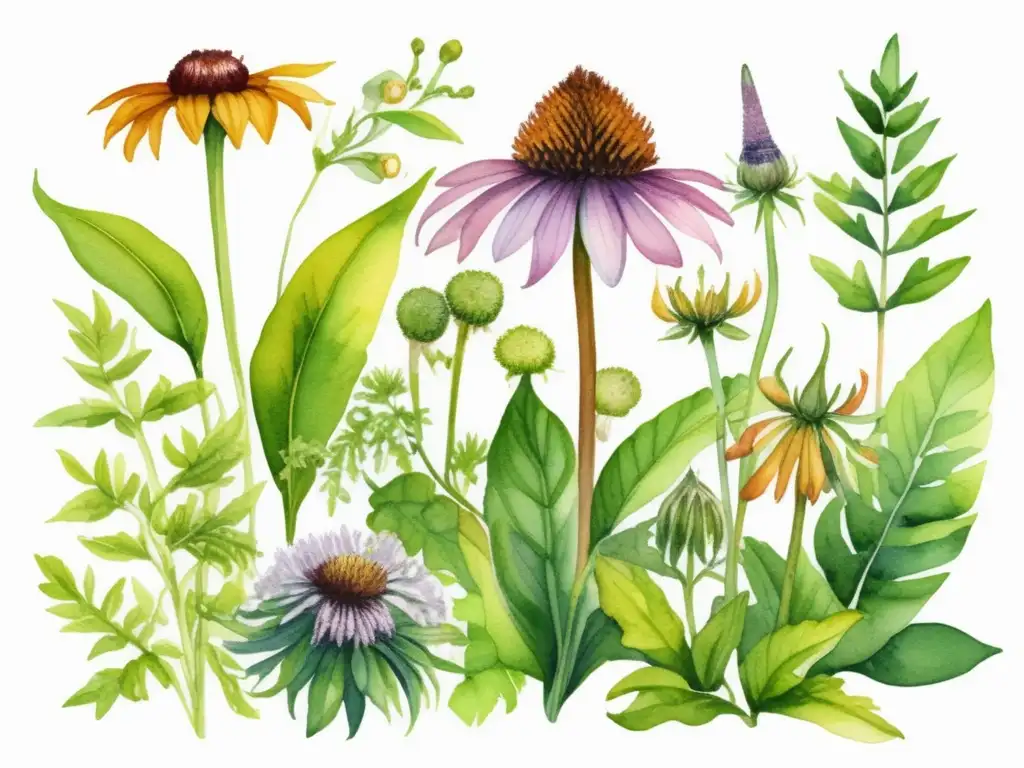 Ilustración acuarela de un bosque verde exuberante con plantas medicinales que fortalecen el sistema inmunológico