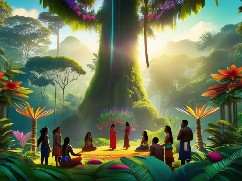 The image depicts a vibrant rainforest scene with indigenous people engaging in a ceremonial ritual, honoring sacred plants