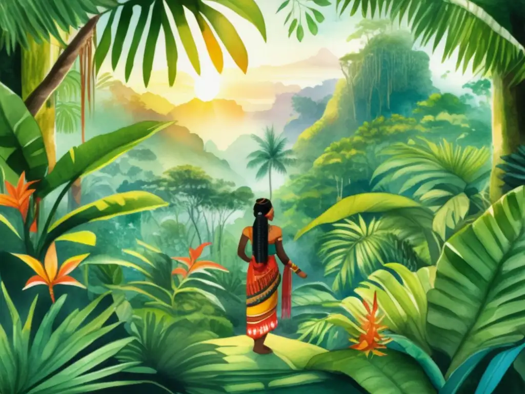 Selva vibrante y sagrada con figura indígena Ilustración acuarela detallada de una exuberante selva tropical con una figura indígena ancestral rodeada de plantas diversas