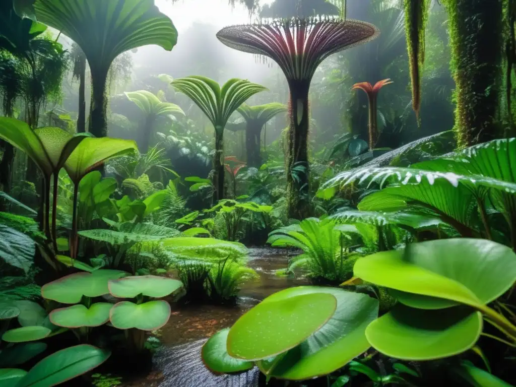 Plantas carnívoras en hábitat de América Latina con exuberante vegetación verde y agua brillante