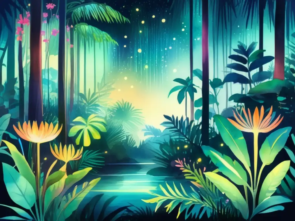 Ilustración acuarela de un exuberante bosque tropical nocturno, iluminado por la suave y etérea luminosidad de las plantas bioluminiscentes