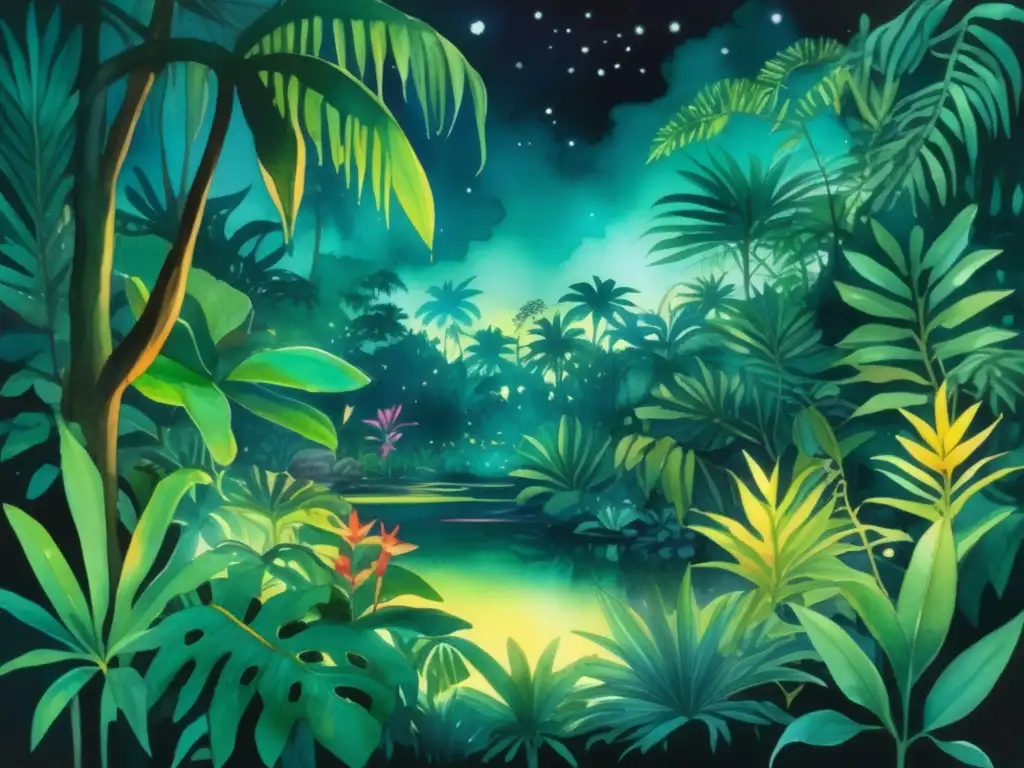 Noche en la selva tropical con plantas bioluminiscentes de ingeniería genética