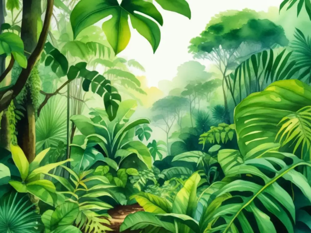 Ilustración detallada de una selva tropical con plantas comestibles, frutas tropicales y comunidad indígena