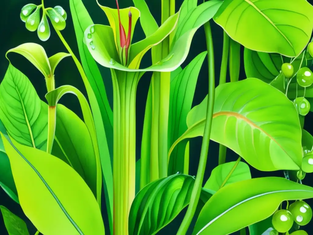 Cuidados de plantas carnívoras en casa: una detallada imagen acuarela de una exuberante selva tropical con plantas carnívoras y sus adaptaciones