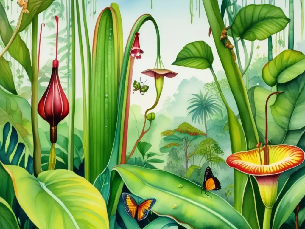 Importancia de insectos en plantas carnívoras: ilustración acuarela de una exuberante selva tropical con planta carnívora y insectos