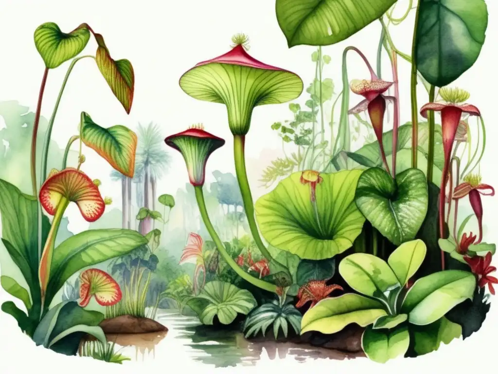Ilustración acuarela detallada de un exuberante bosque tropical con plantas carnívoras: beneficios y usos