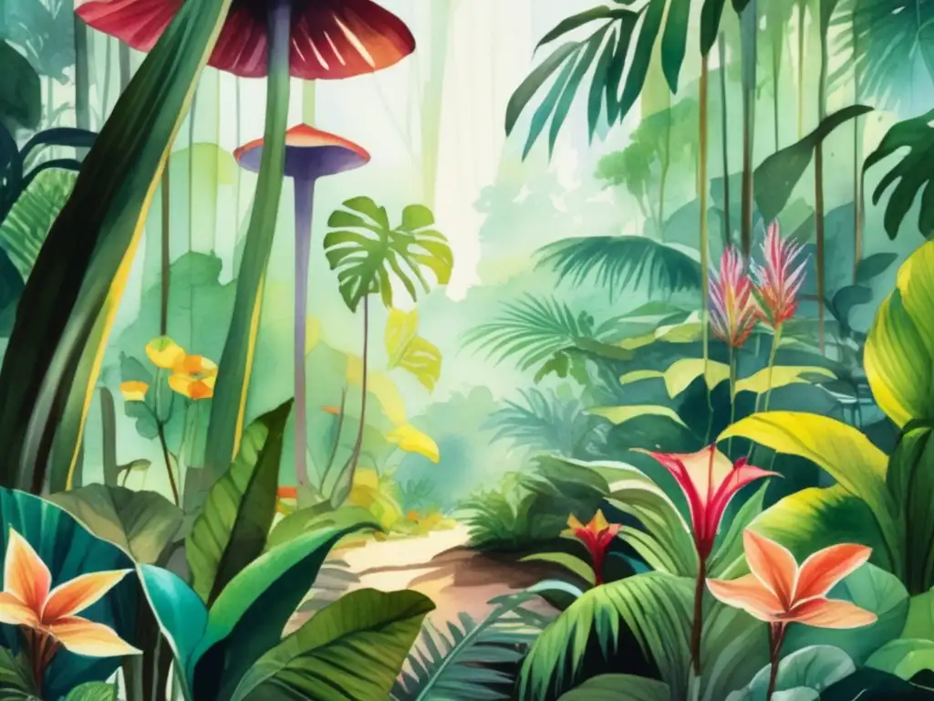 Ilustración acuarela selva tropical con plantas carnívoras y exóticas