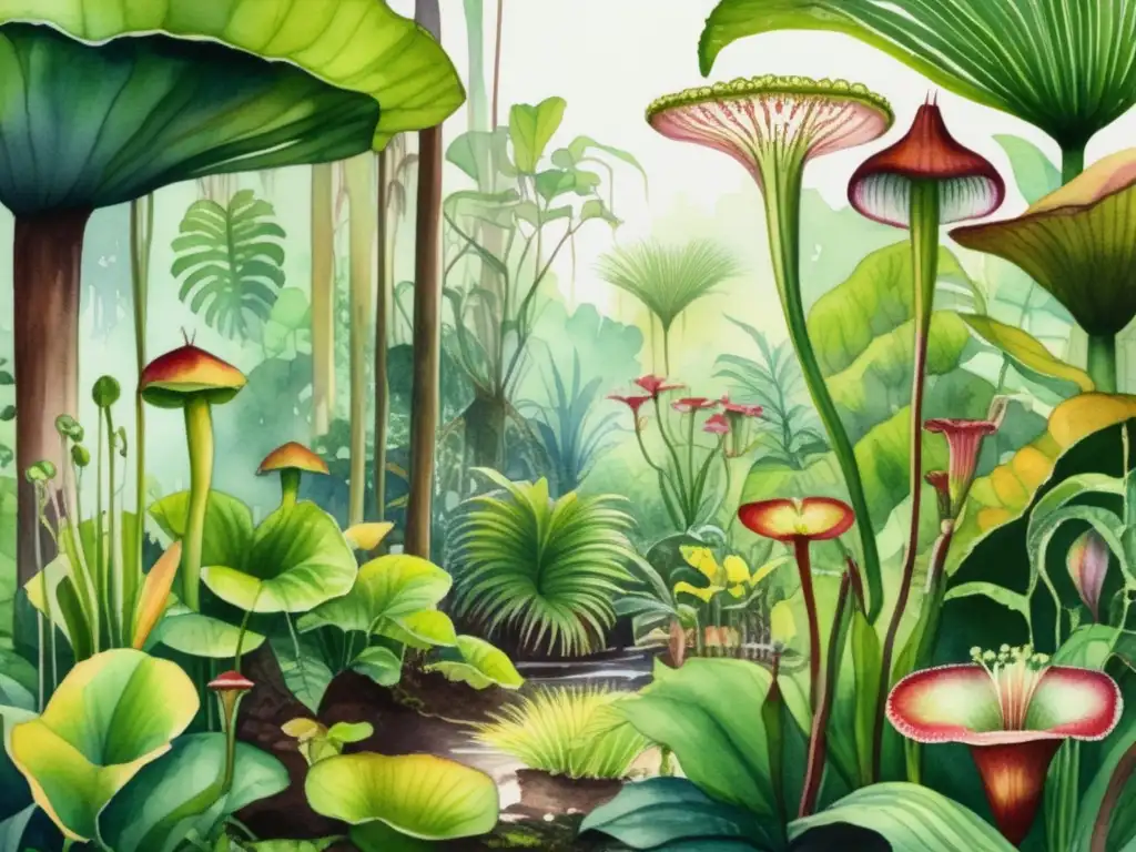 Ilustración acuarela detallada de una exuberante escena de selva tropical con plantas carnívoras atrapando presas