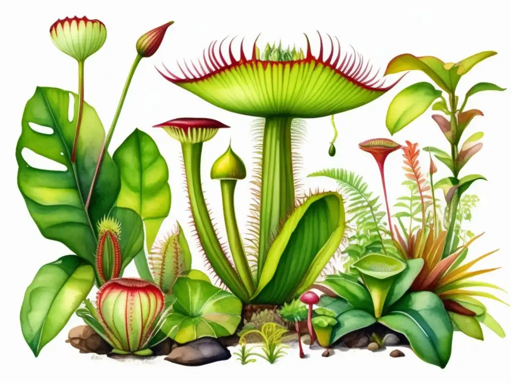 Ilustración detallada de una exuberante selva tropical con plantas carnívoras