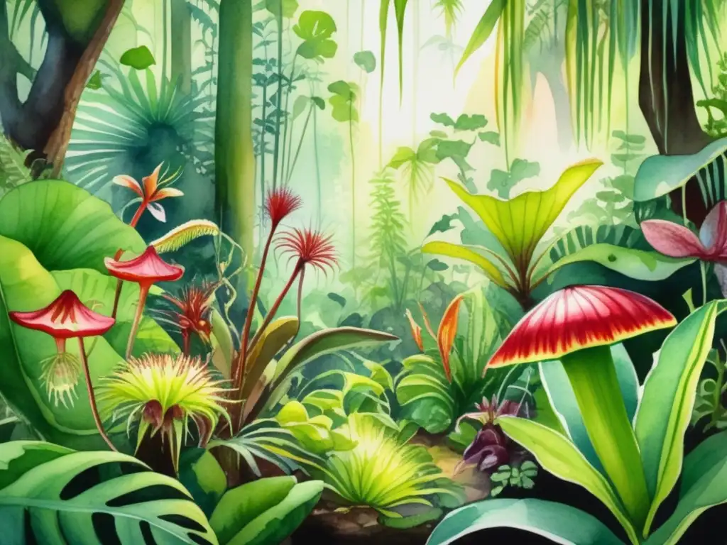 Ilustración detallada de una exuberante escena de bosque tropical con plantas carnívoras