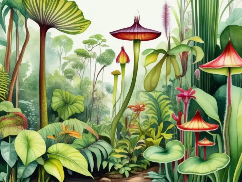 Ilustración detallada de una selva tropical con árboles altos, plantas carnívoras y adaptaciones únicas