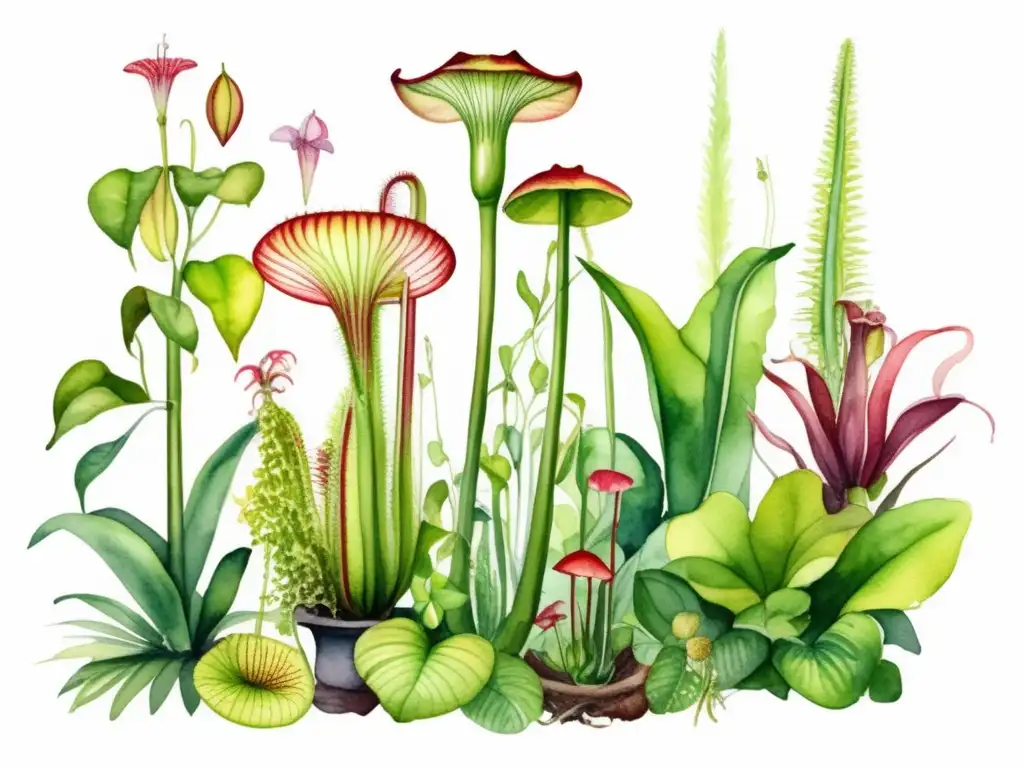 Plantas carnívoras: ilustración detallada de una exuberante selva tropical con vegetación verde vibrante y árboles imponentes