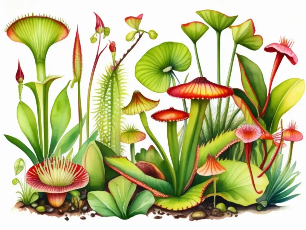 Ilustración detallada de una exuberante selva tropical con plantas carnívoras