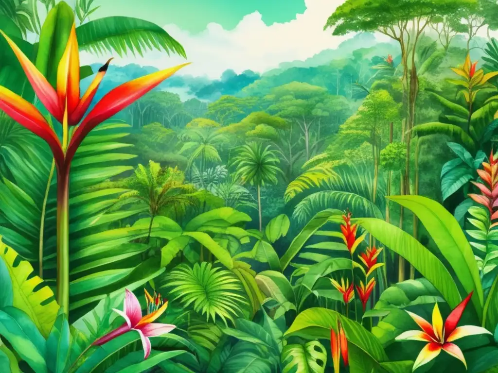 Ilustración acuarela detallada de bosque tropical con plantas medicinales tropicales y biodiversidad