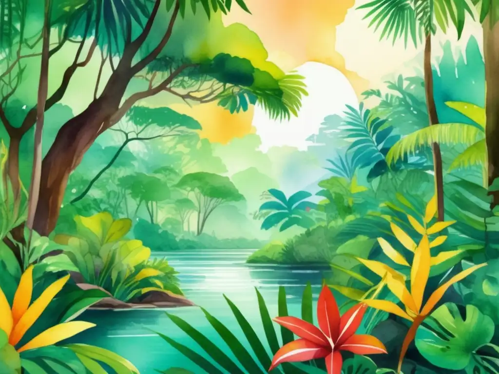 Ilustración acuarela vibrante de una exuberante selva tropical