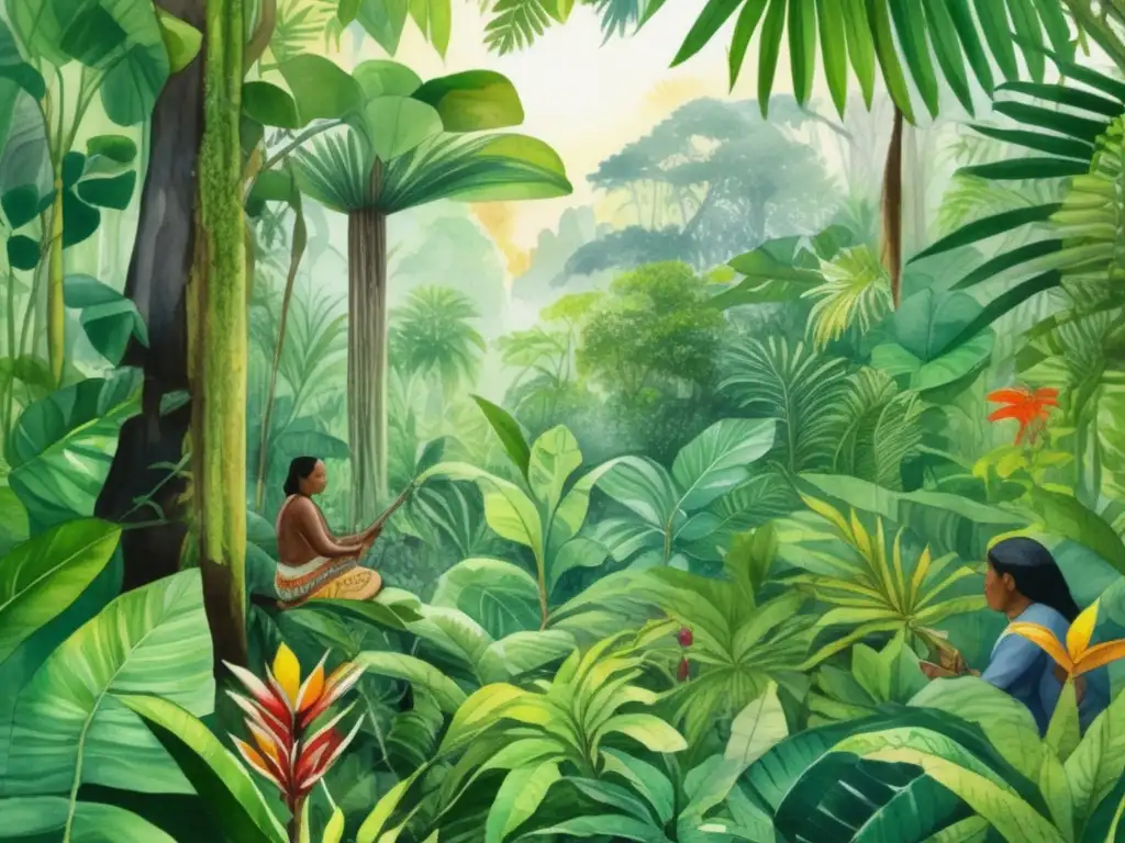 Escena de selva tropical con plantas medicinales y culinarias indígenas