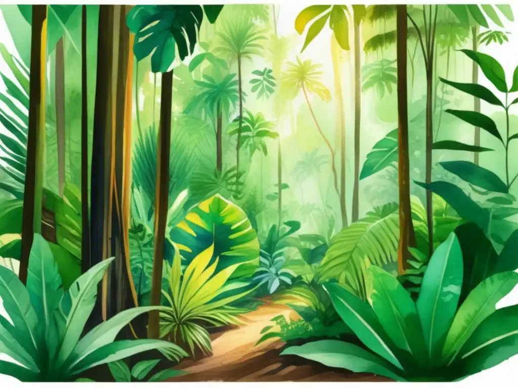 Ilustración acuarela: bosque tropical, plantas medicinales indígenas, conexión ancestral