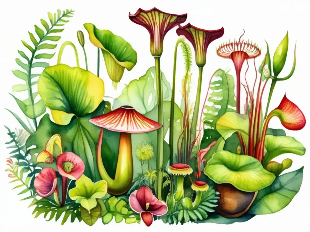 Ilustración acuarela: Plantas carnívoras en selva tropical - Historia y características