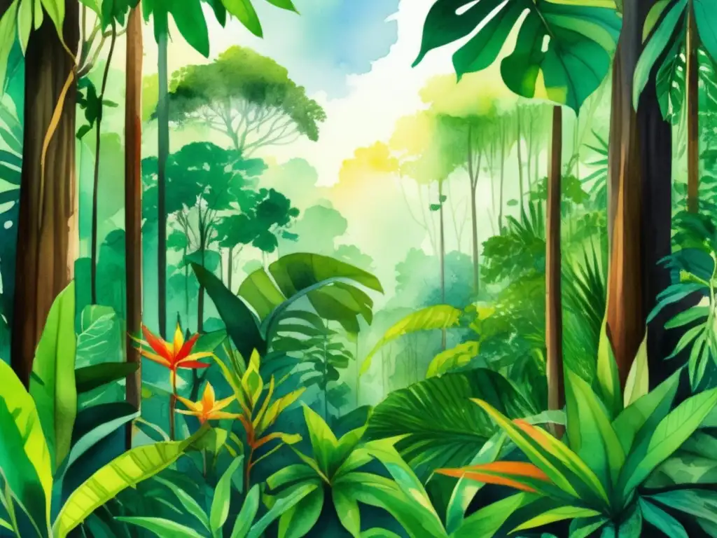 Ilustración acuarela: Plantas selvas tropicales: Adaptaciones y supervivencia