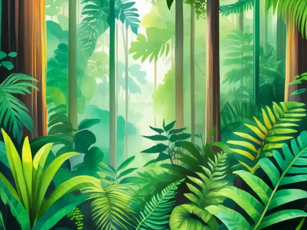 Vibrante ilustración acuarela de selva tropical con plantas amenazadas en la Lista Roja