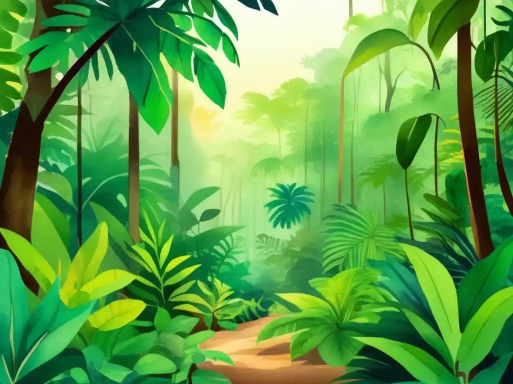 Ilustración vibrante de una exuberante selva tropical con abundante vegetación verde y árboles imponentes