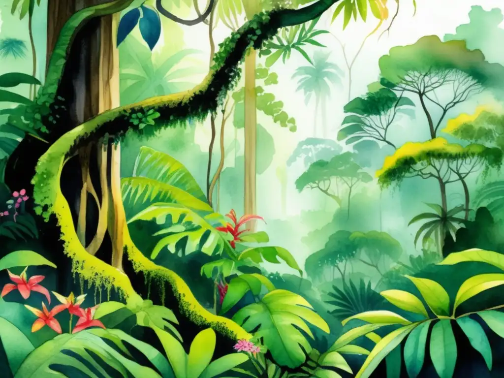 Ilustración acuarela de selva tropical: Adaptación de plantas en competencia por nutrientes