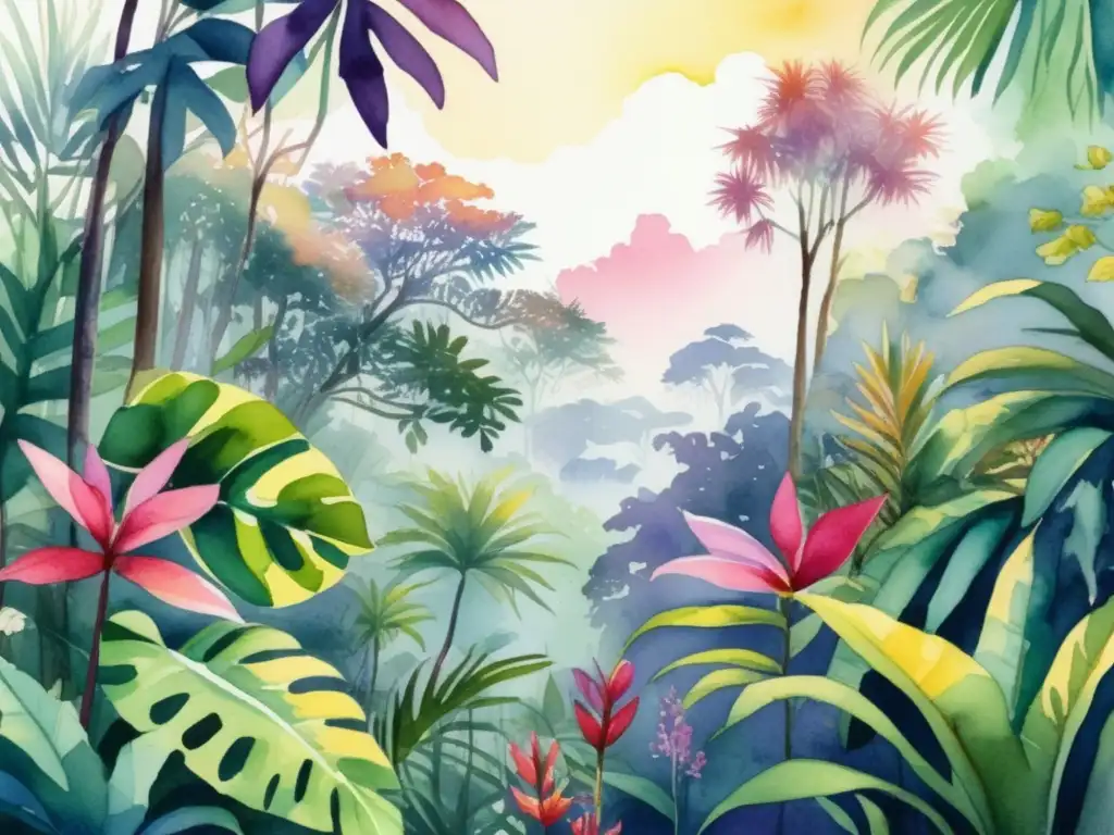 Ilustración acuarela de una exuberante selva tropical con diversidad de plantas