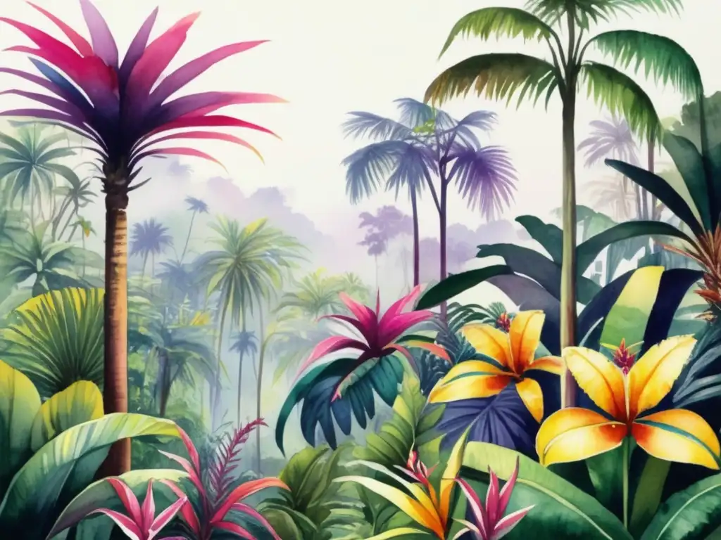 Ilustración acuarela de una exuberante selva tropical con diversidad botánica y río, importancia histórica pioneros botánicos