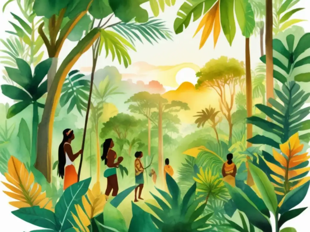 Ilustración acuarela vibrante de selva tropical al amanecer