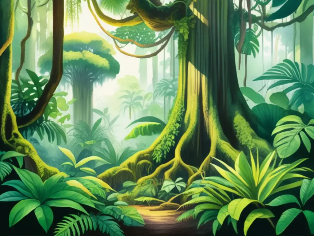 Exuberante ilustración acuarela de selva tropical Ilustración acuarela detallada de selva tropical exuberante con árboles altos, raíces retorcidas y follaje denso