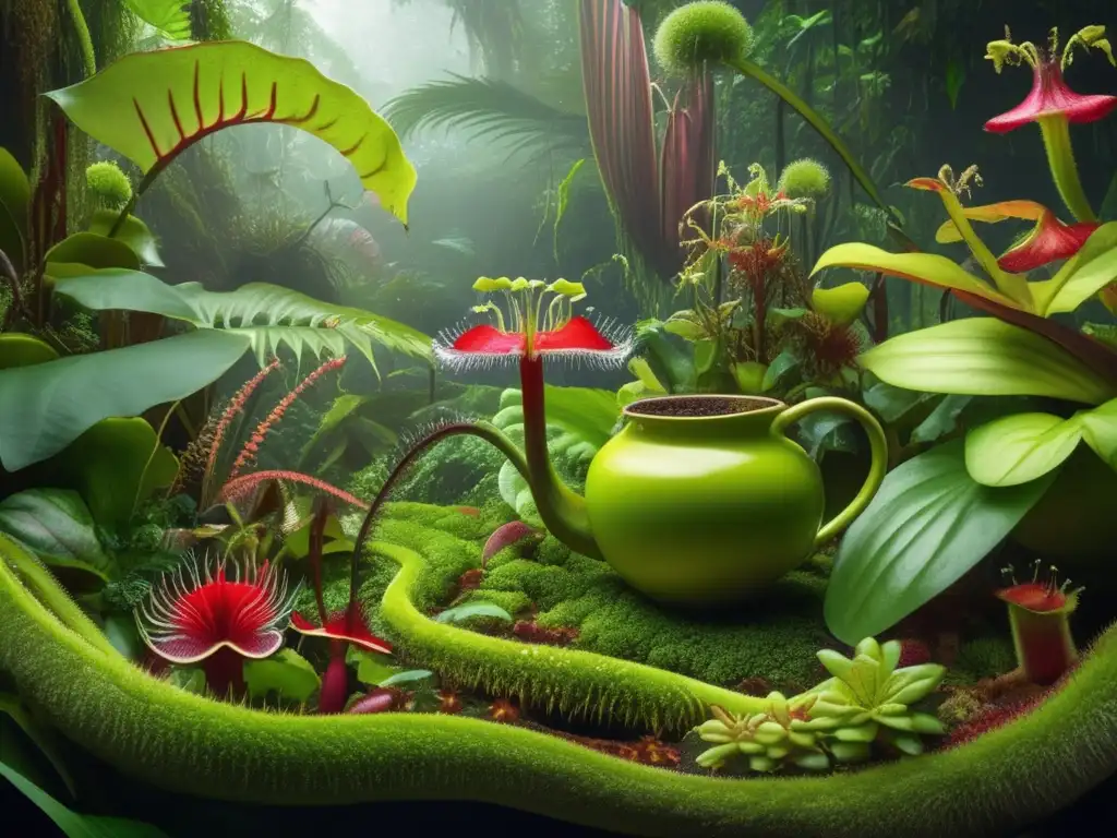 Evolución de plantas carnívoras en exuberante escena de selva tropical