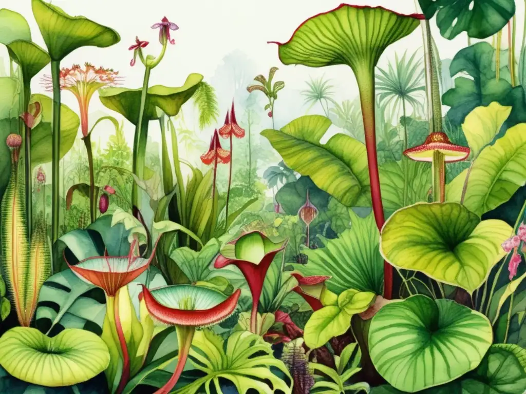 Ilustración acuarela de selva tropical con plantas carnívoras