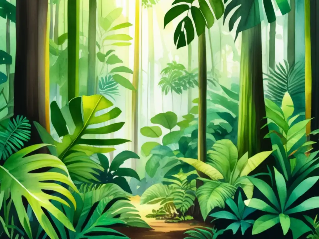 Ilustración acuarela detallada de una selva tropical densa con vida