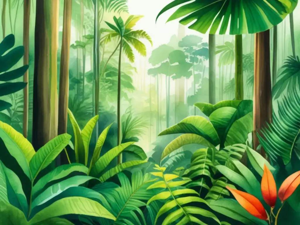 Ilustración acuarela detallada de una exuberante selva tropical llena de vida vegetal vibrante